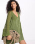 Фото #1 товара ASOS DESIGN long sleeve v neck crochet mini dress in khaki