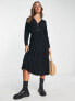 ASOS DESIGN waisted long sleeve midi tea dress with buttons in black