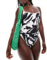 ASOS DESIGN contrast binding square neck skinny strap swimsuit in mono abstract