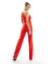 Фото #5 товара Vesper satin trim one shoulder wide leg jumpsuit in red