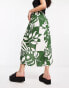 Фото #4 товара ASOS DESIGN natural slub ruched side midi skirt in green tropical print