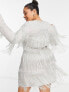 ASOS DESIGN Curve all over embellished panelled fringe mini in silver