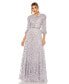 Women's Floral Applique Puff Sleeve High Neck A-Line Gown