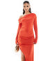 Фото #3 товара ASOS DESIGN long sleeve asymmetric neckline slinky midi dress in tomato red