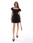 ASOS DESIGN Shirred bodice mini dress with puff sleeves and hem in black Черный, 38 - фото #3