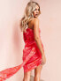 Фото #3 товара ASOS LUXE exaggerated shoulder ruched front drape mini dress in pink swirl print