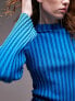 Topshop knitted funnel neck stripe long sleeve top in blue