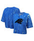 ფოტო #1 პროდუქტის Women's Blue Distressed Carolina Panthers Bleach Splatter Notch Neck Crop T-shirt