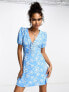 Glamorous corset front puff sleeve mini shift dress in blue scribble