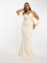 Фото #1 товара ASOS DESIGN Curve satin bandeau off shoulder bodycon maxi dress with exaggerated sleeves in cream