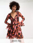 Фото #2 товара ASOS DESIGN Tall ruffle tie front plunge mini dress with frill sleeves in burnt orange lava print