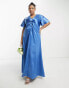 Vila Curve Bridesmaid satin flutter sleeve maxi dress in blue