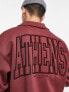 ASOS DESIGN oversized varsity jersey jacket in maroon with back boucle embroidery