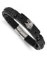 ფოტო #1 პროდუქტის Stainless Steel Antiqued and Eagle Head Black Leather Bracelet