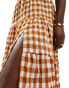 Bershka tiered maxi skirt in brown check Коричневый, L - EU 40 - фото #3