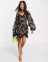 ASOS DESIGN ruched puff sleeve mini dress in black based floral