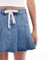 Mango bow front denim pleated skirt in blue