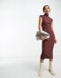 French Connection high neck shoulder pad jersey midi dress in brown