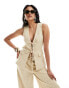 ASOS DESIGN longline waistcoat with beaded tie detail in textured cream Бежевый, 42 - фото #1