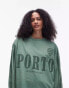 Фото #1 товара Topshop graphic long sleeve Porto sporty skater tee in green