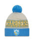 Men's Powder Cream, Blue Los Angeles Chargers 2023 Sideline Historic Pom Cuffed Knit Hat
