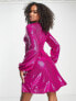 Фото #2 товара Платье Flounce London Tall – Мини с передним завязыванием, воздушными рукавами-баллонами в блестящем металлическом фуксии
