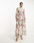 ASOS DESIGN high neck ruched waist maxi tea dress in blurred multi print