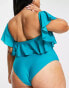 Brave Soul Plus bandeau swimsuit with frilll detail in blue