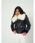 ფოტო #3 პროდუქტის Women's Detachable Natural Shearling Collar Bomber Jacket, Jumbo Pattern Navy