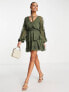 ASOS DESIGN blouson sleeve tiered mini dress with cross stitch embroidery detail and tie in khaki