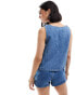 Фото #4 товара ASOS DESIGN denim frill front top in mid blue