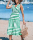 Women's Green & White Geo Stripe Shoulder Tie Midi Beach Dress