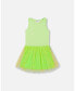 Girl Shiny Ribbed Dress With Mesh Flocking Flowers Lime - Child