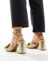 ASOS DESIGN Wide Fit Hitched bow detail mid block heeled sandals in gold