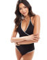 In The Style wrap front swimsuit with contrast stitching in black