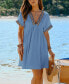 Фото #2 товара Women's Blue Boho Short Sleeve V-Neck Mini Beach Dress