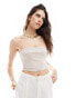 Stradivarius ribbed fold over bandeau top in beige