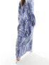 Vero Moda satin ruched front maxi skirt co-ord in blue crinkle print