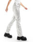 Only metallic straight leg trousers in silver