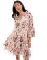 YAS pleated ruched full sleeve mini dress with low v beck in pink floral - MULTI Stein mit Rosa, XS - фото #1