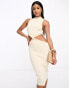 Sixth June knitted cut out twist midi dress in beige