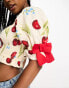 Neon Rose cherry print bow detail shirred crop top in cream