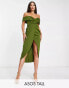 Фото #2 товара ASOS DESIGN Tall off shoulder twist front midi dress olive