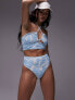 Topshop silhouette floral print rib high waist bikini bottoms in blue and ivory