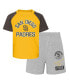 ფოტო #1 პროდუქტის Infant Boys and Girls Gold, Heather Gray San Diego Padres Ground Out Baller Raglan T-shirt and Shorts Set