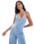 Фото #2 товара River Island halter denim jumpsuit in lightwash blue