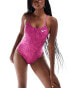 Фото #4 товара Nike Hydrastrong cutout printed tight fit performance swimsuit in fuschia pink