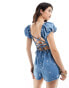 ASOS DESIGN denim puff sleeve playsuit in floral embroidery Синий, 44 - фото #3