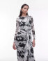 Topshop tie detail mesh midi dress in mono abstract print