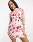 Фото #2 товара Miss Selfridge Premium embroidered floral long sleeve back detail mini dress in light pink